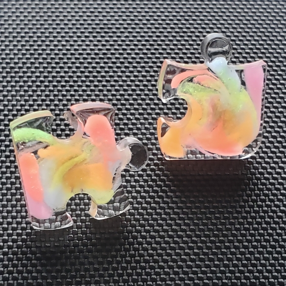 Handmade Rainbow Clear Puzzle Pieces Stud Earrings - Reacts to UV Light - Picture 6 of 7